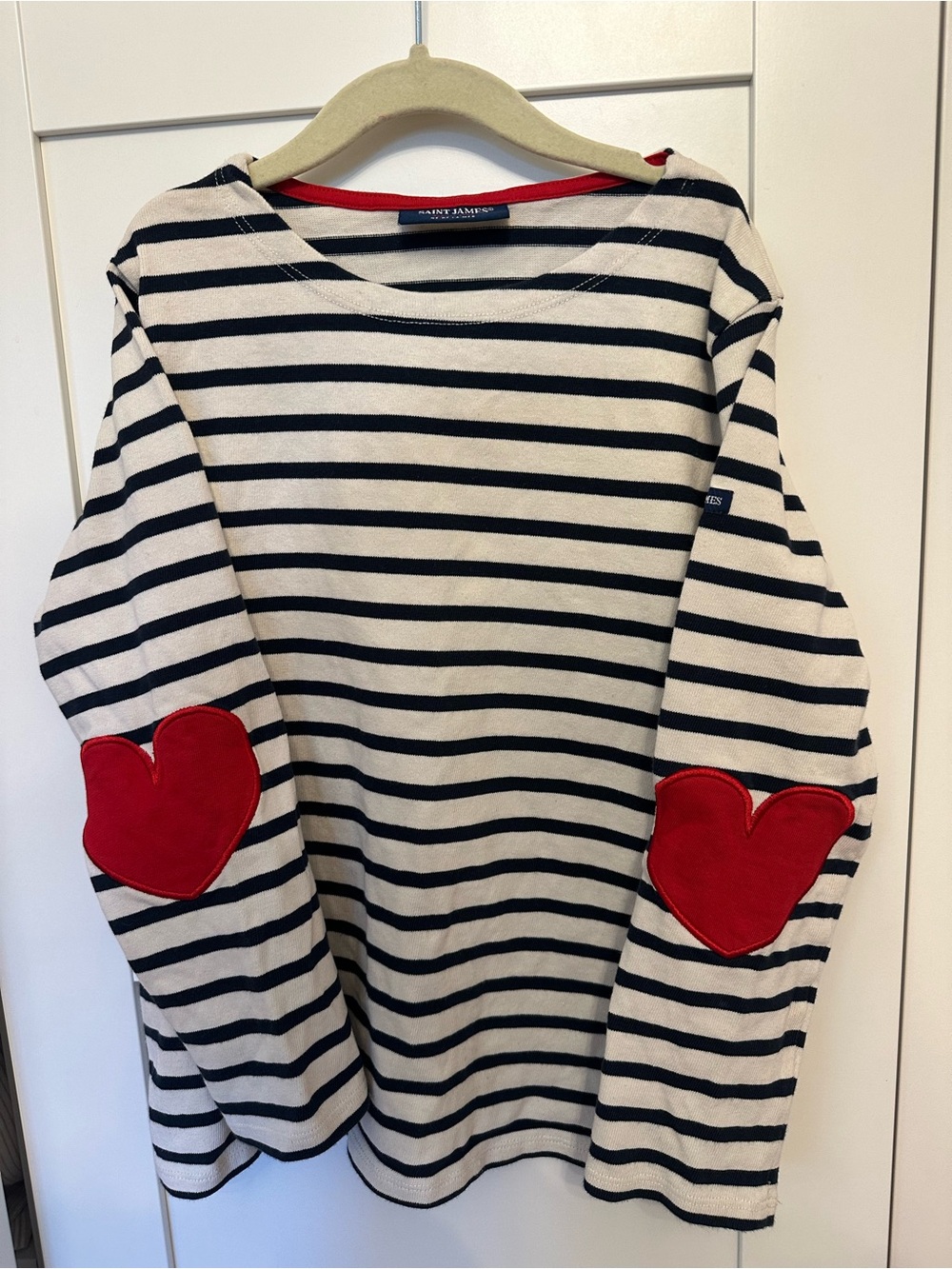 Saint James Navy and White Striped Top with Red Heart Elbow Patches